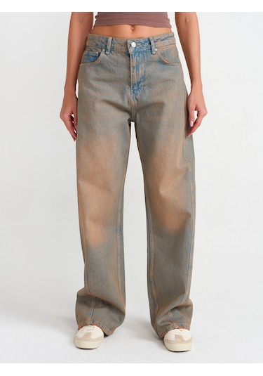 Dilvin Önü Parçalı Baggy Denim Pantolon Tint Kırmızı