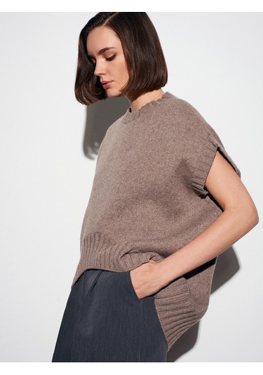 Dilvin 10839 Yün Karışımlı Oversize Süveter - Vizon