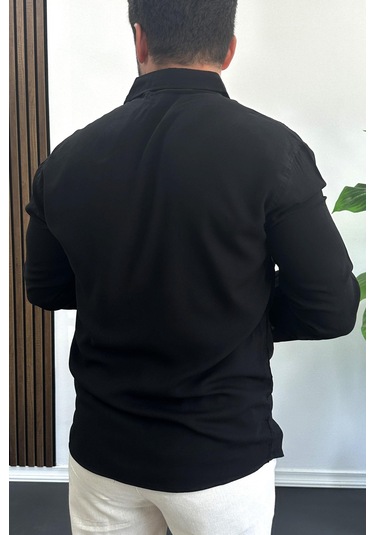 Erkek Viskon Kumaş Uzun Kollu Gömlek Siyah Edw391 Siyah
