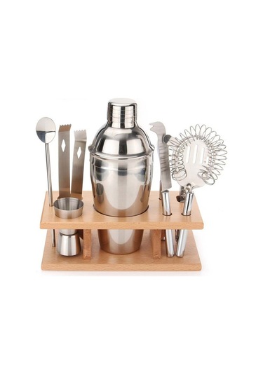 Ahşap Montajlı 9'u 1 Arada Paslanmaz Çelik Kokteyl Çalkalayıcı 750ml