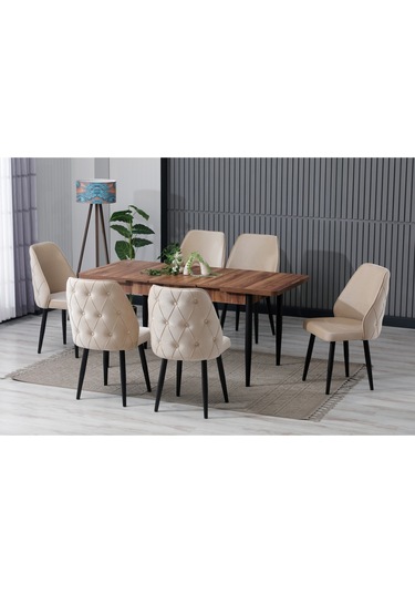Elas Ahşap Desen 80x132 Açılabilir Mdf Masa Yemek Odası Takımı Mutfak Takımı 6 Sandalyeli Bej