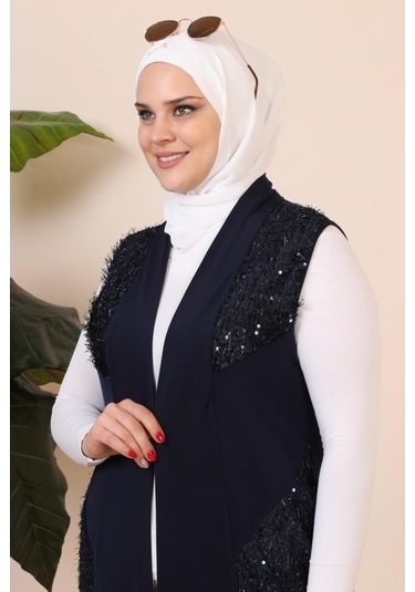 Kadın Buyuk Beden Pulpayetli Siyah Yelek Uzun 001