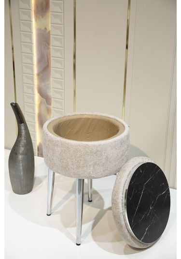 Bella Metal Ayaklı Puflu Teddy Kumaş Puf&sehpa Krom Beyaz Chrome White