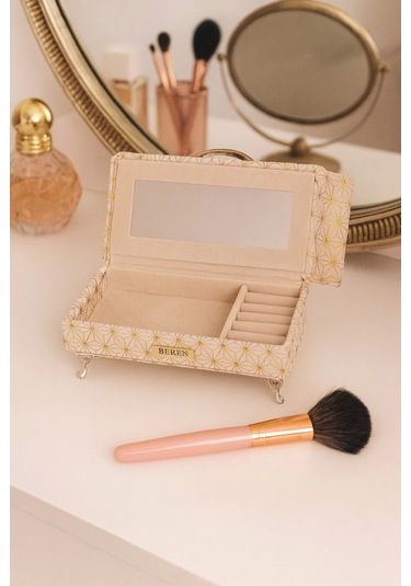 Berjer Figürlü Kadife Desenli Takı Bijuteri Mücevher Kutusu Biblo 24cm Krem İthal Ürün