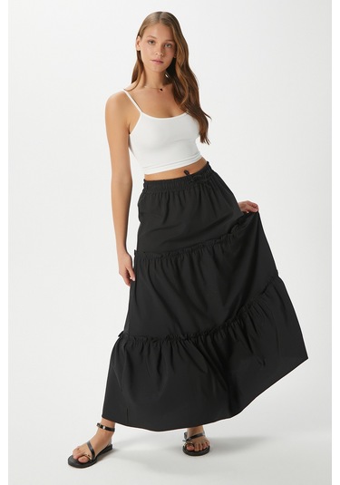 Kadın Elanora Siyah Astarlı Katlı Poplin Etek Siyah