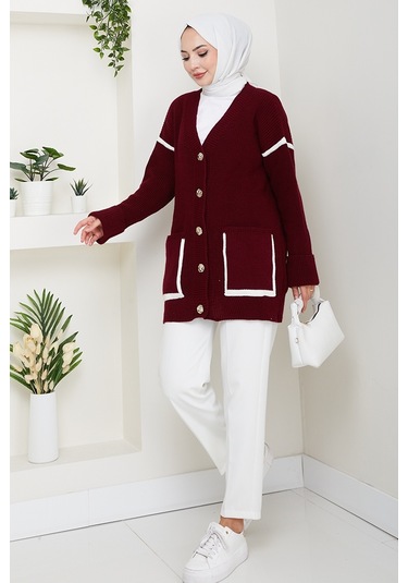 İlge Düğmeli Triko Hırka 1597 - Bordo Bordo