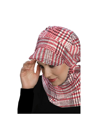 Yün Kasket Şapka Atkılı Ekose Desenli Bordo-krem Hazır Türban Tesettür Bone Bere Bordo - Krem