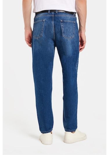 Erkek Relax Fit Geniş Kesim Boru Paça Denim Yıkamalı Taşlamalı Esnek Mavi Jean Kot Pantolon-34490 Mavi