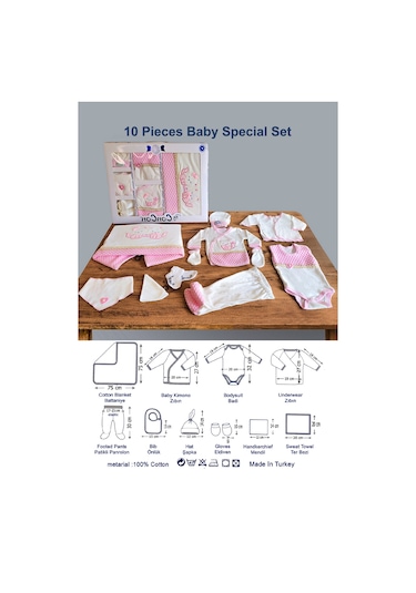 10 Parça Pembe Kedili Hastane Çıkışı Ve 4 Parça Bebek Bornoz Seti Pembe