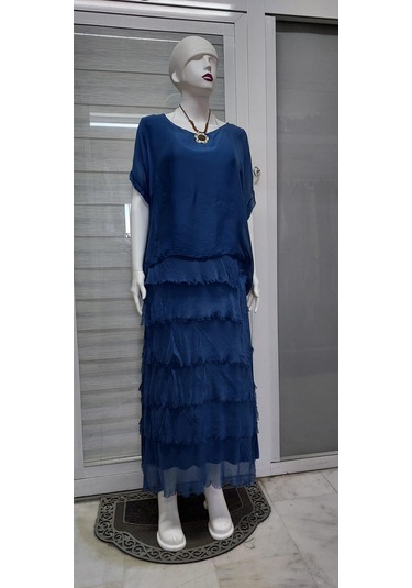 İtalyan 2 Beden İnce Gösteren Yarım Kol Kat Kat Ipek Elbise Petrol Mavisi