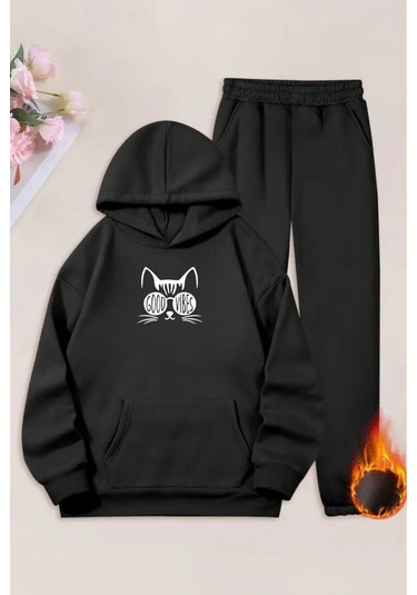 Unisex Siyah Good Vibes Baskılı Eşofman Kapüşon- Kışlık Şardonlu Kumaş Siyah