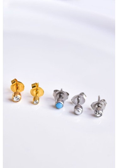 Çelik Gold-rodyum Kaplama Cerrahi Tektaş Çivili 5'li Kombin Küpe Model2 Altın - Rodyum