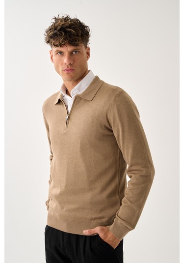 Fermuarlı Polo Yaka Kazak Vizon