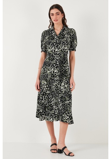 Lela Desenli Relaxed Fit Balon Kol Yırtmaçlı Kemerli Midi Boy Bayan Elbise 67810558 Yeşil-Leopar