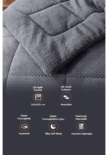 Ultra Yumuşak Çift Taraflı Wellsoft Peluş Yorgan Çift Kişilik Yıkanabilir 200x220 Cm Antrasit Antrasit