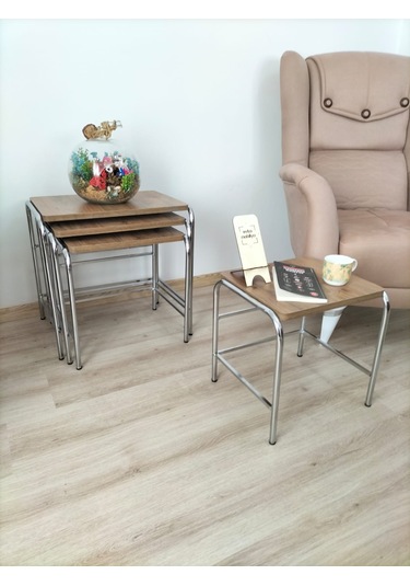 Evko Mobilya Buket Sehpa, 4'lü Zigon Sehpa, Dörtlü, Krom-ceviz