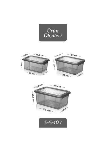 3'lü Kilit Kapak 3-5-10 Lt Erzak Saklama Kabı Çok Amaçlı Düzenleyici Kutu Deterjan Un Bakliyat Kabı Siyah