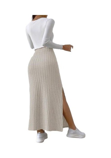 Kadın Nervürlü Örme Etek Yüksek Elastik Bel Yırtmaç Retro Uzun Etek Siyah