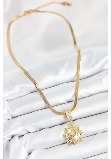 316l Çelik Zirkon Taşlı Güneş Model Gold Renk Kadın Kolye - Tj-bko10535