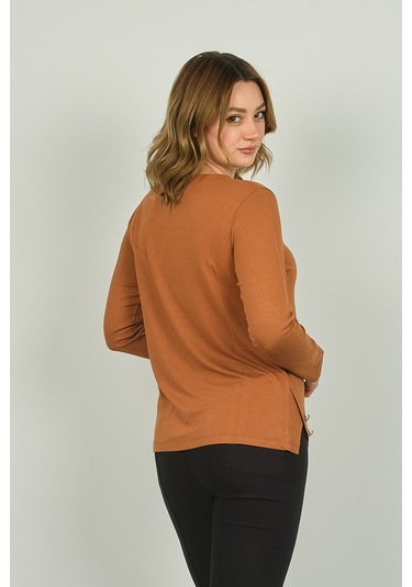 Sistas Kadın Süs Düğmeli Uzun Kol Bluz 23538 Camel