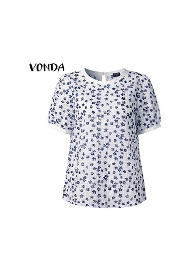 Koyu Mavi Vonda Kadın Yaz Yuvarlak Yaka Puf Kısa Kollu Pileli Çiçekli Bol Bluz Koyu Mavi Vonda Kadın Yaz Yuvarlak Yaka Puf Kısa Kollu Pileli Çiçekli Bol Bluz