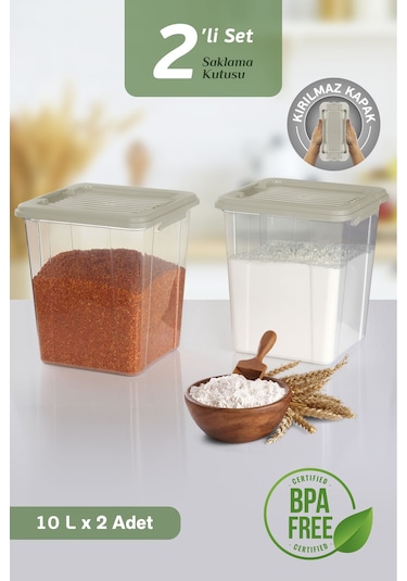 2'li Mega Organizer Box 10l - Un Bakliyat Erzak Saklama Kabı Kilit Kapaklı Deterjan Düzenleyici Kutu Bej