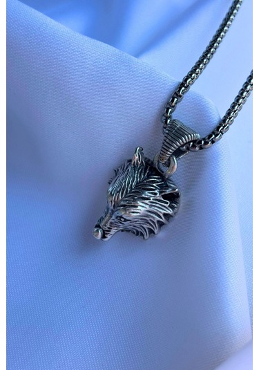 Kurt Kafası İşçiliği Paslanmaz Çelik Zincir Erkek Kolye Gümüş