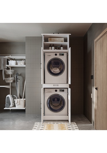 Dora Banyo Dolabı Kapaklı Çamaşır Ve Kurutma Makinesi Dolabı Mat Beyaz