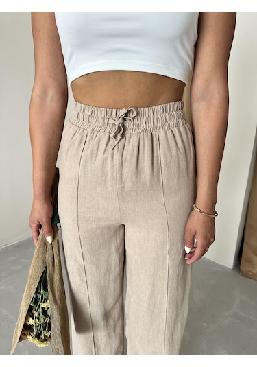 Vizon %100 Keten Palazzo Pantolon Vizon