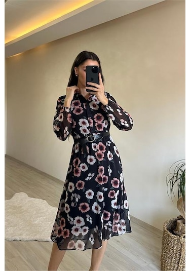 Neşeli Butik Kadın Desenli Gömlek Yaka Midi Elbise Nm011 Mor