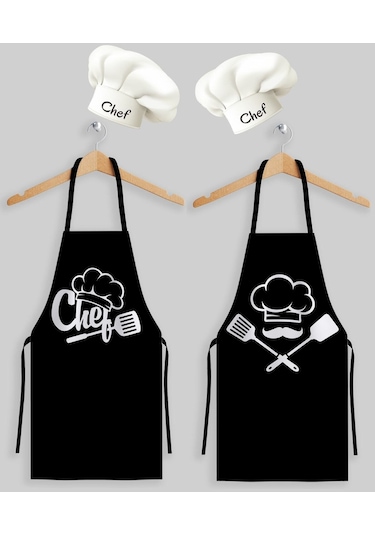 Ays Home Siyah Aşçı Şef İkili Şapkalı Mutfak Önlüğü Seti 2 Adet Şapka 2 Adet Önlük