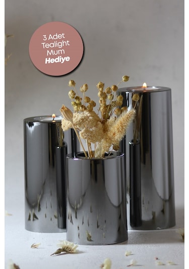 3 Lü Füme Krom Parlak Yüzey Mumluk Dekoratif Tealight Set Mum