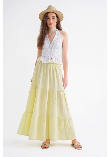 4567 Kadın Fırfırlı Uzun Müslin Etek Pastel Sarısı Pastel Sarısı