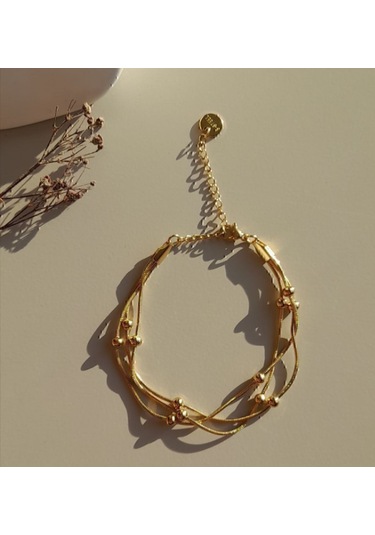 Altın Rengi Üçlü Yılan Zincir Dorikalı Çelik Bileklik - Minimalist Top Detaylı Altın Rengi Zarif Kadın Bilekliği Gold