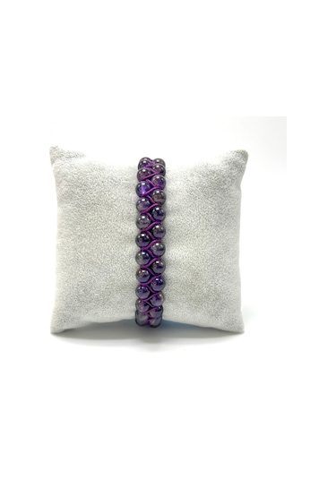 Sertifikalı Ametist Çift Sıra Doğal Taş Makrome Bileklik Ayarlanabilir Ölçü Mor
