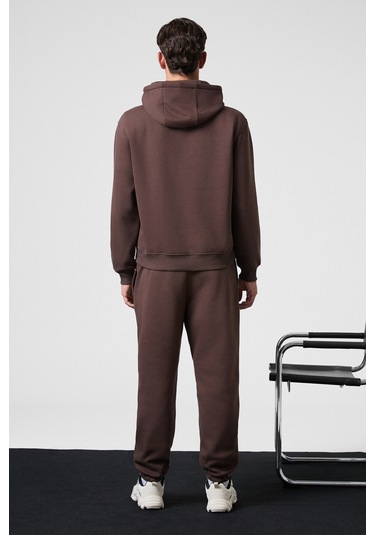 MARSHALLHOODIE Erkek Pamuklu İçi Polarlı Nakışlı Relaxed Kahverengi Eşofman Takımı