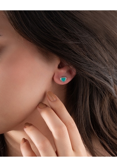 925 Ayar Turkuaz Mineli Rodyum Kalp Çivili Gümüş Küpe Re10219