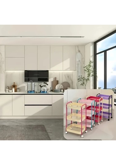 Fochsia Faridabio 3 Katlı Pembe Tekerlekli Mobil Organizasyon Sepeti Mutfak Banyo Pembe