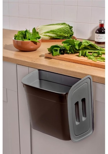 Flosoft Dolap İçi Kapaklı Asılabilir Çöp Kovası, Dolap Kapağı Askılı Çöp Kutusu Füme 7 Litre Füme