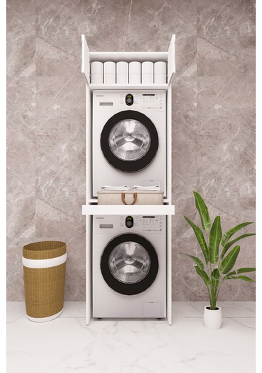 Mdf Çamaşır Makinesi Ve Kurutma Makinesi Dolabı Lake Panjur Kapak Beyaz