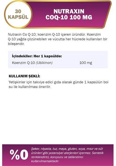 Nutraxin Koenzim Q10 100 Mg Takviye Edici Gıda 30 Yumuşak Kapsül - Coenzym, Coq10