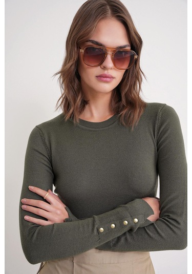 6736 Kadın Bisiklet Yaka Kolu Droplu Triko Kazak Haki Haki