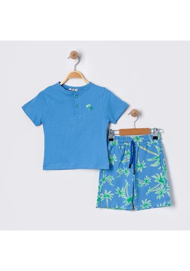Erkek Çocuk Sax Mavi Basic Tişörtlü Palmiye Desenli Şortlu Takım-1139 Mavi