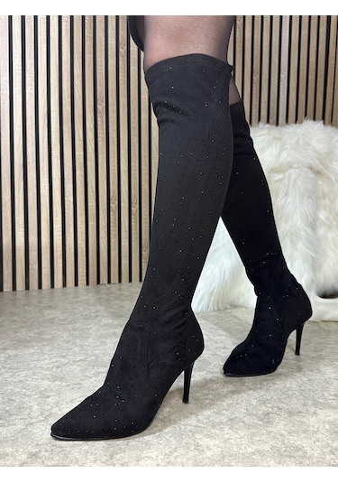 Günlük Kadın Taşlı İnce Yüksek Topuklu Sivri Burunlu Fermuarsız İnceltici Etkili Abiye Çizme 820 Siyah Taşlı