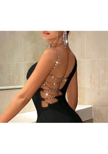 Tek Omuzlu Taşlı Zincir Detaylı Sırt Dekolteli Mini Elbise Siyah