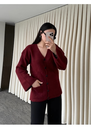 Laluvia Düğmeli Basic Hırka - 4622  Bordo