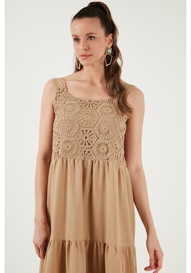 Lela Relaxed Fit Volanlı Uzun Bayan Elbise 611El010 Vizon