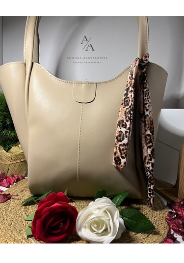 Kavisli Ağızlı Ve Şal Detaylı Büyük Boy Tote Çanta Zarif Bej/ten Rengi