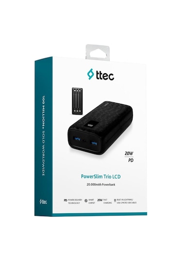 Ttec Powerslim Trio LCD 20.000 MAh PD 22.5 W Dahili Kablolu Taşınabilir Powerbank