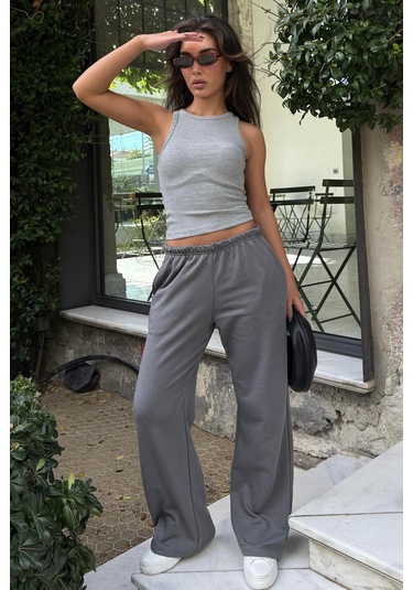 Füme Geniş Paça Basic Kadın Eşofman Altı Mg2553 Füme